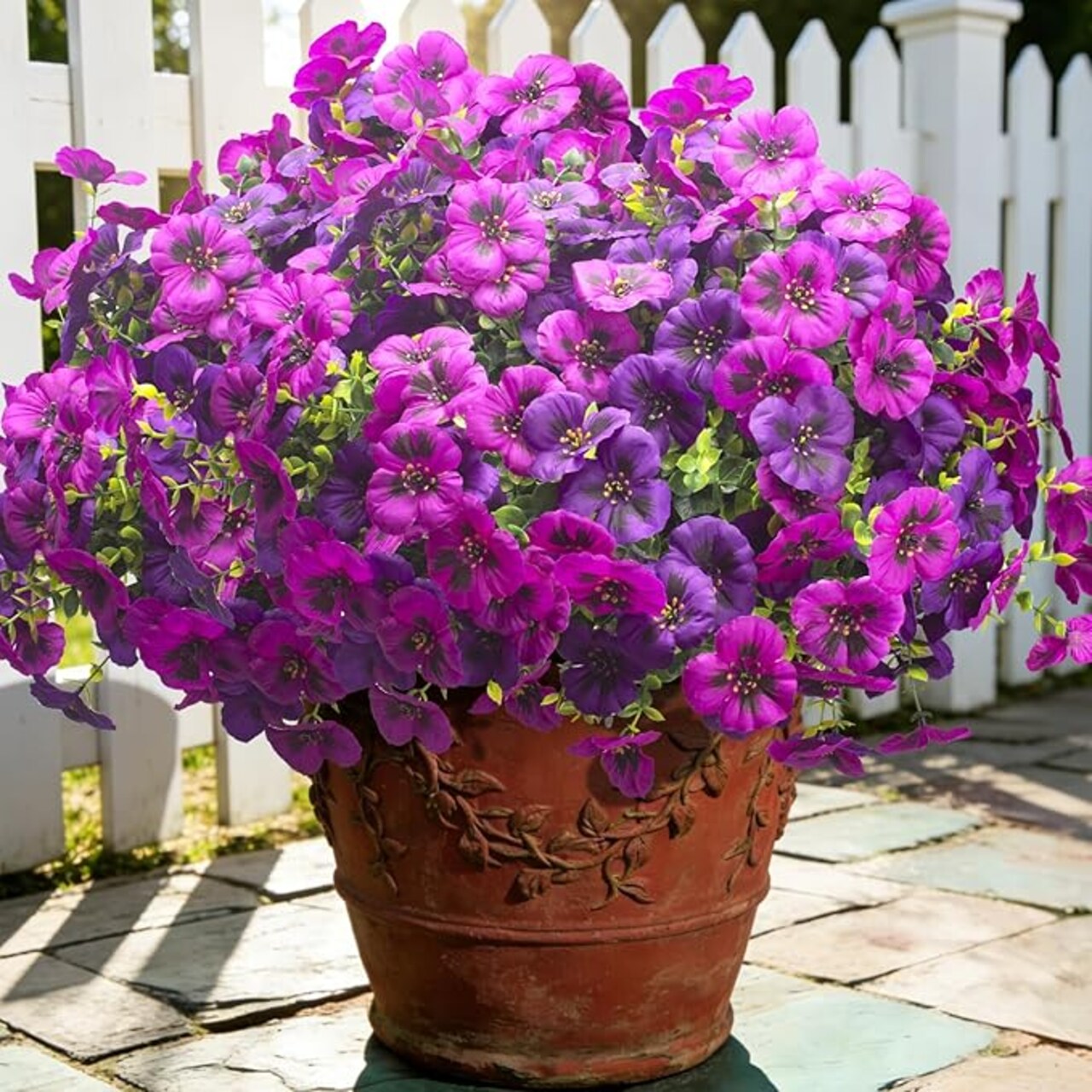 Fake Flowers 16Pcs Artificial Pansy Silk Flowers UV Resistant for Outdoor Planters, Realistic Faux Pansies for Porch Patio Window Box Decor (Deep Purple & Light Purple)